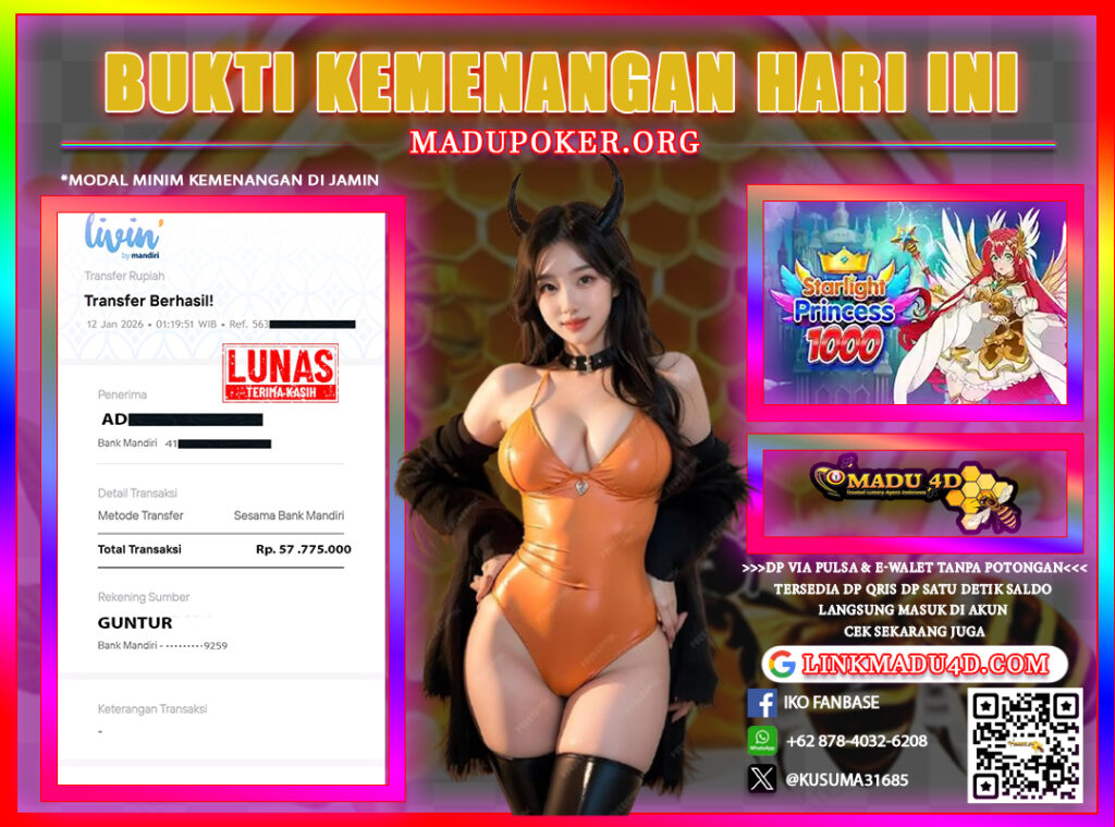 BUKTI JACKPOT SLOT MEMBER MADU4D 12 JANUARI 2026